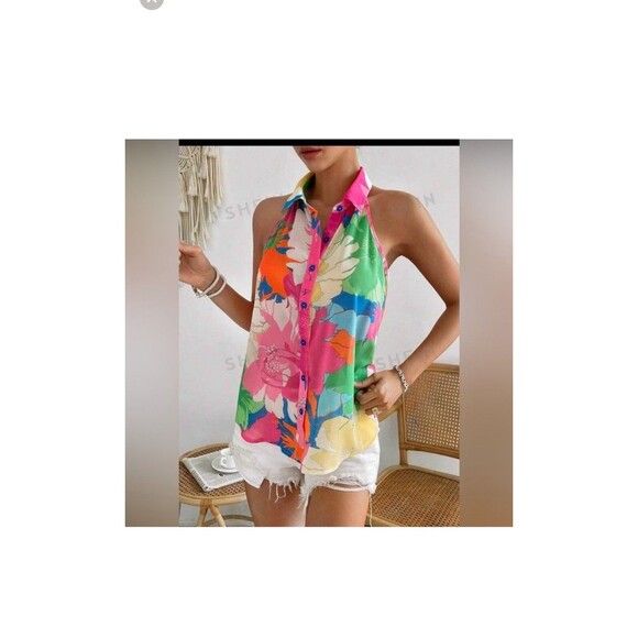 SHEIN Blouse Adult M Floral Colorful SemiSheer Shirt Women Buttons Sleeveless - Picture 4 of 12